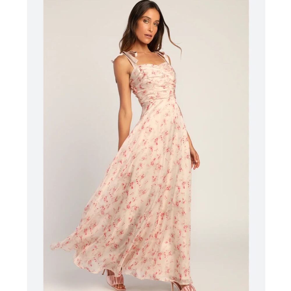 Lulu's Floral Satin Maxi Dress‎ w/ Ribbon Tie Straps (M) Coquette